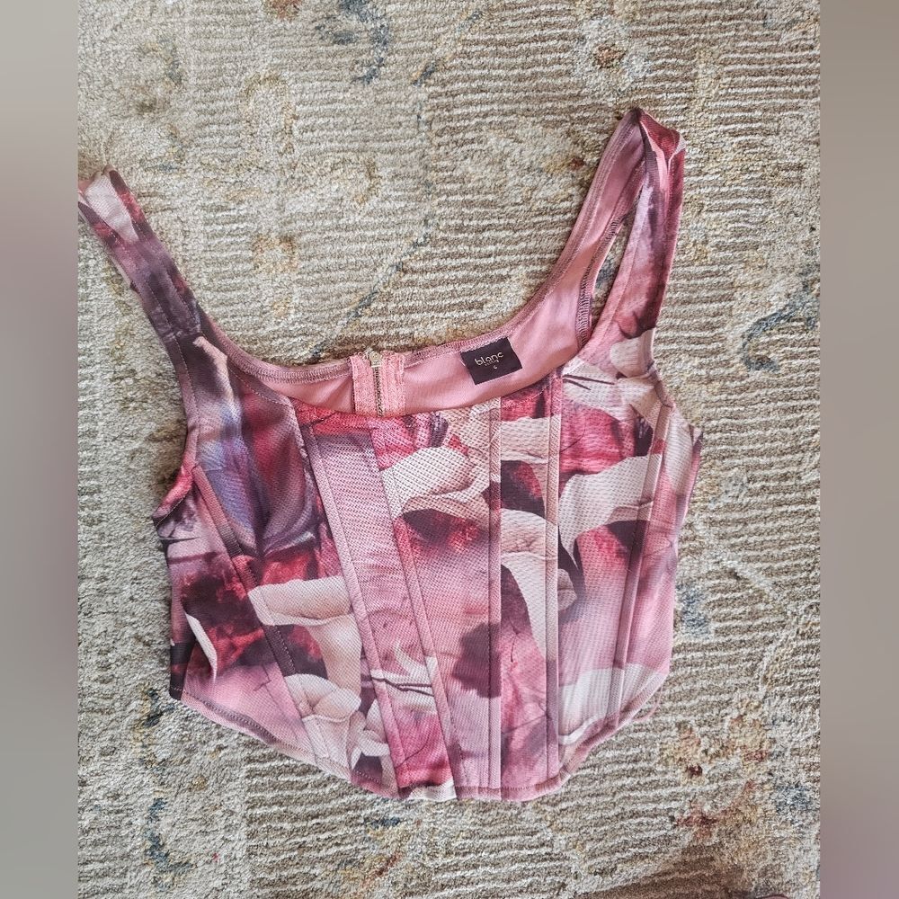 Blanc pink floral Maxi Skirt with Corset style top that zips up in back. Sz sm, - Picture 6 of 8